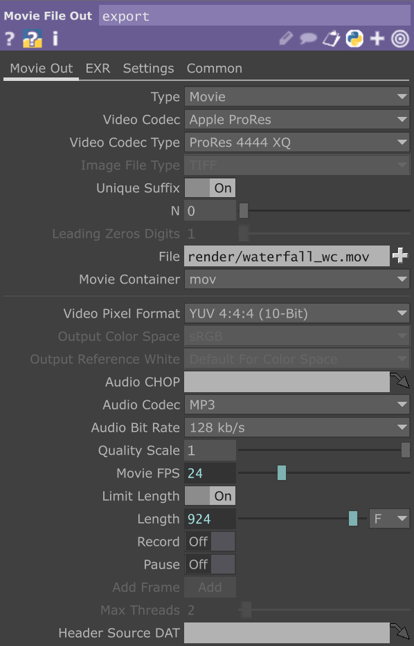 The export node: ProRes 4444 XQ, YUV 4:4:4 10-bit, unique suffix, Limit Length 924 frames.