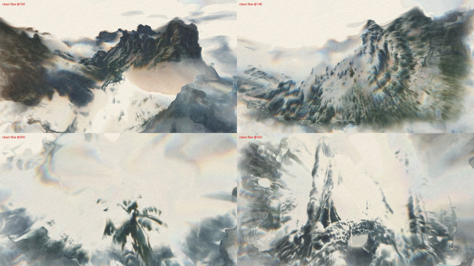 The cleaned flow (outliers rejected, 32 px cells) at frames 100, 140, 300 and 420: no blocks.