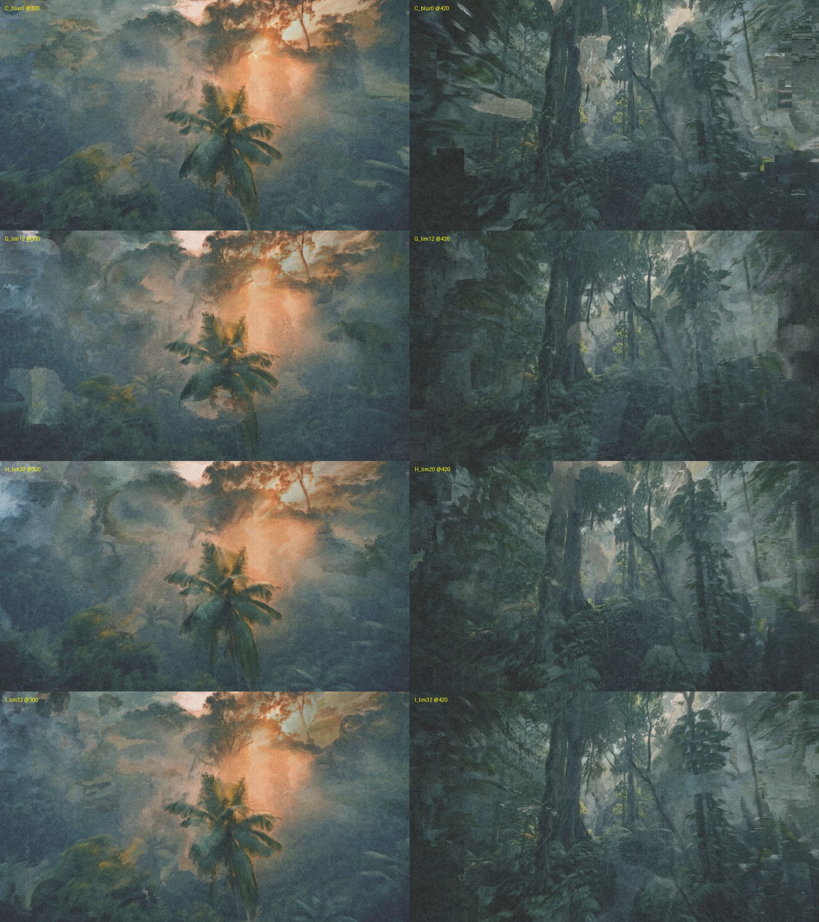 Clamping the flow on the drone shot, frames 300 and 420. C: no limit, staircase blocks at the edges. G: 12 px, the painting lags behind. H: 20 px. I: 32 px.