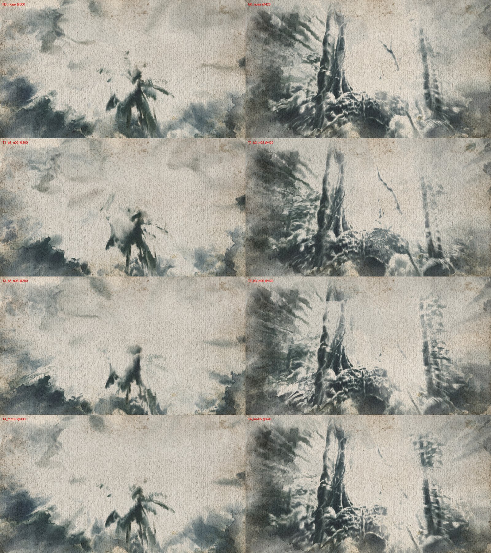 Repaint dab structure on the drone shot, frames 300 and 420. N0: noise dabs. T1: tone bands (3 bands, band noise 0.3). T3: tone bands with band noise 0.6. T4: halfway (0.5).