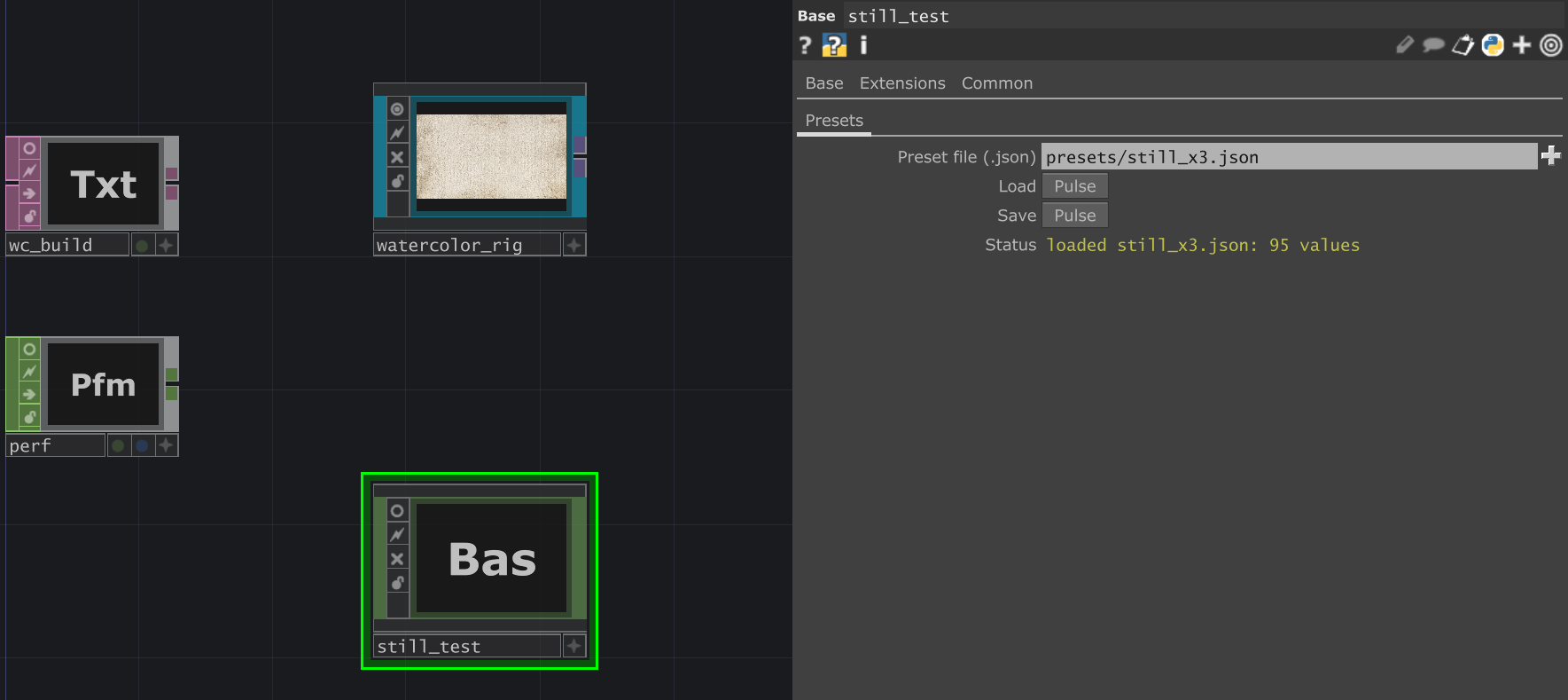 still_test and its Presets page: load still_x3.json, play, then save OUT.