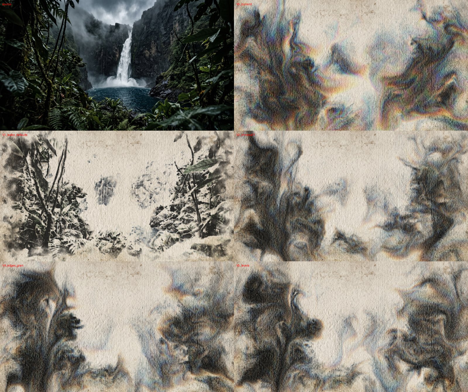 On a still: the source; V0 with the drone preset's lively water, stirred into marbled swirls with rainbow fringes; V1 with the calm default water; V2, V4 and V5 still carry the drone water.